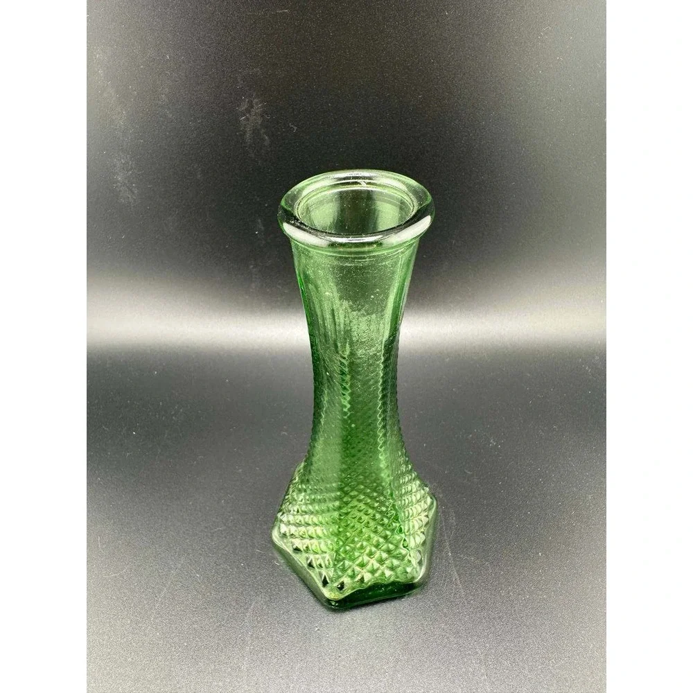 Vintage EO Brody Co Green Glass Bud Vase‎ Hexagon Diamond Point 6.5